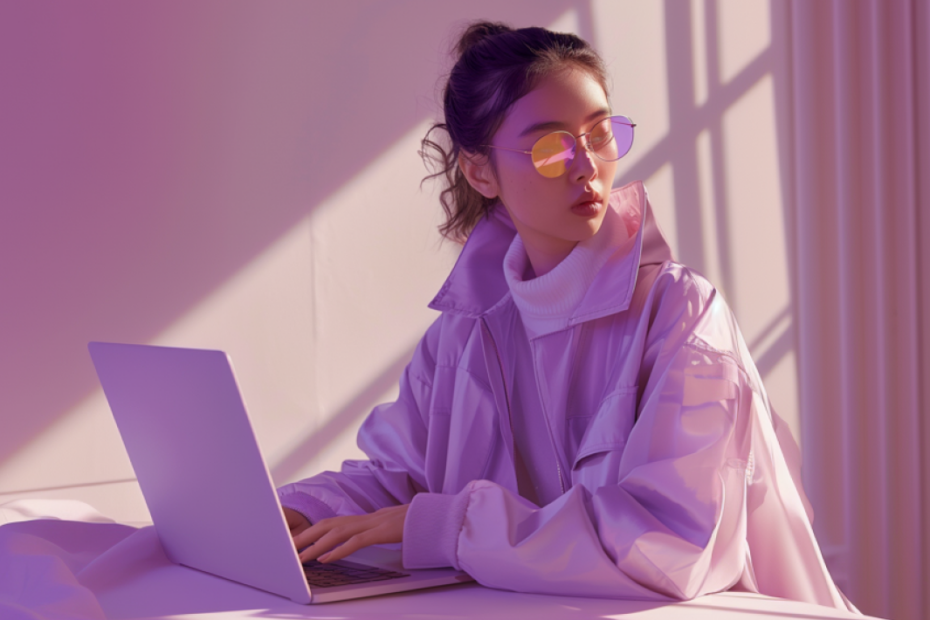 Woman sitting at laptop looking out of the window