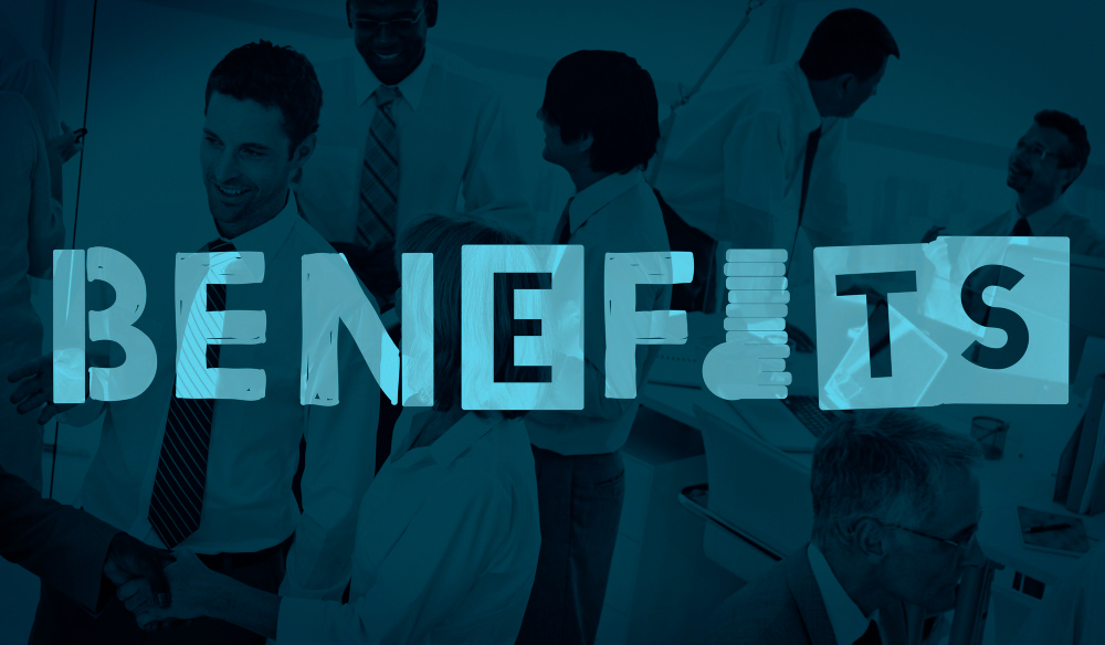 benefits written in background of mens in office