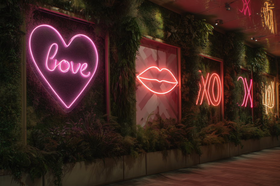 Neon pink signs surrounded by plants.