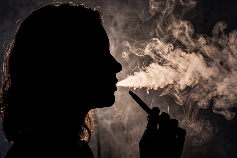 Dark silhouette of a woman smoking vape and exhaling smoke.